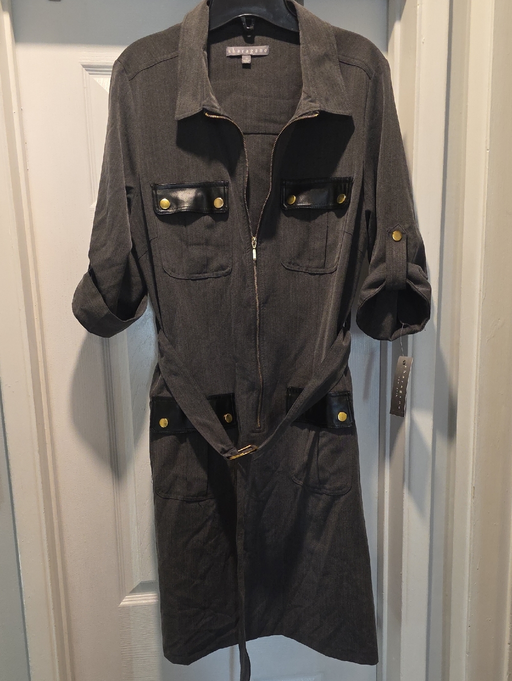 Sharagano Gray Utility Jacket Dress with Black Trim